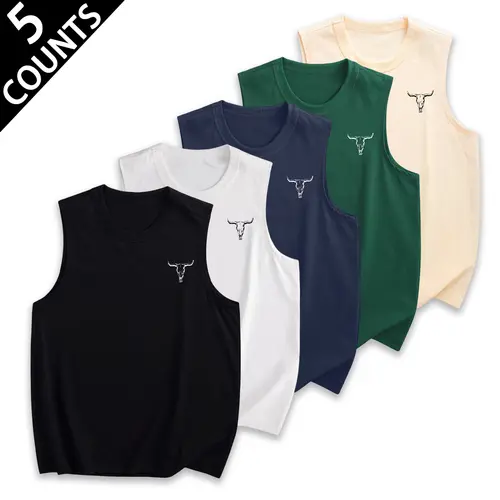 Men's 5-Piece Plain Solid Round Neck Vest & T-Shirt Set - Polyester Streetwear, Colorful Men's Clothing, Iconic Bull Head Design, Soft Skin-Friendly Fabric, Casual Street Vibe, M Fitted Cut, Easy Pick for Casual Days Spring Activewear,sohochic