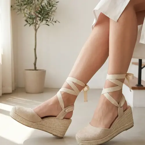 2026 Summer New Straw Wedge Sandals Women, Cross Strap Open Toe Thick Sole Platform Shoes, French Vintage Anti-Slip Beach Shoes