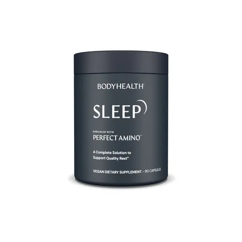 BODYHEALTH Sleep Enhanced with PERFECT AMINO Vegan Dietary Supplement - 90 Capsules, Melatonin, Tryptophan, Vitamins, Gluten-Free, Non-GMO, Drug-Free, for Restful Sleep & Stress Relief, 5-Htp Support, Calms Racing Thoughts Before Bed