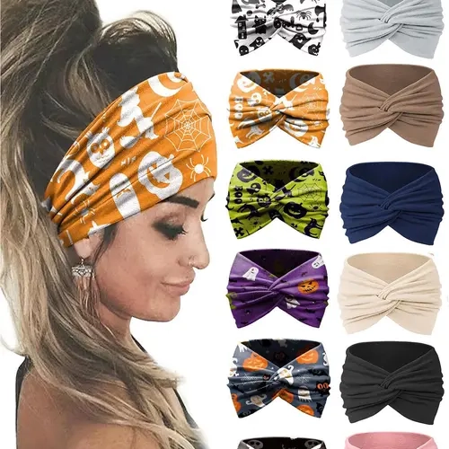 12pcs Solid Color & Halloween Themed Festive Graphic Headbands, Pumpkin & Skull Pattern, Fashion Soft Funny Hair Accessories for Men and Women, Elastic Headbands for Holiday & Party, Sports Headbands for Workout & Yoga