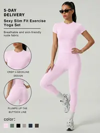2-Piece Solid-Color Athletic T-Shirt Set Women's Sportswear Set, Slim-Fit RoundNeck Short Sleeves & High-Waisted YogaPants, Ideal for Gym Running OutdoorActivities,  Stretchy Suit Set, Fitness Outfits,Workout Running Outfits-8627,sohochic