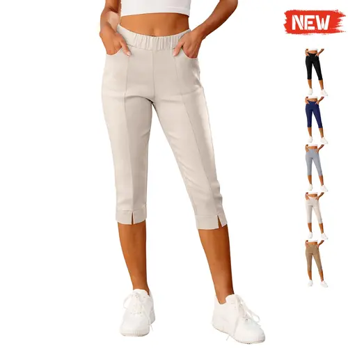 GRAPENT Women's High Waisted Capri Bottoms - Pull-On Elastic Stretch Skinny Basic Trousers, Polyamide Machine Washable Pants with Pockets for Moms, Normal Type Dressy Casual Women's Bottoms