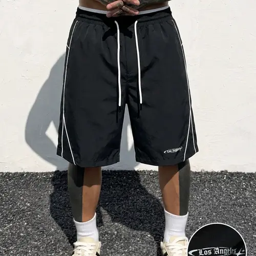 Men’s lightweight athletic shorts for summer, loose fit with drawstring, side contrast lines, Los Angeles print, soft terry cloth shorts