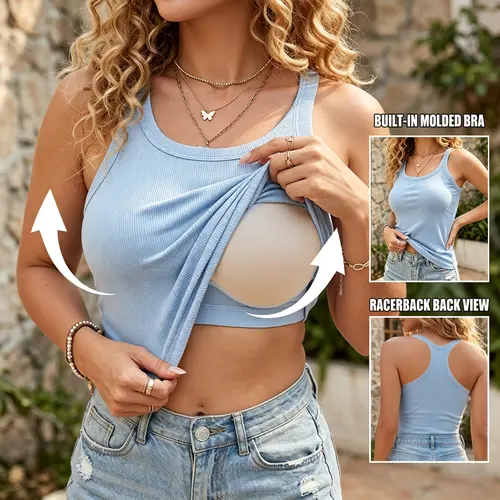 EssElegance Women's Ribbed Built-in Bra Tank Top - Chic, Elastic, Breathable Women's Tops with Removable Pads, Racerback, Wireless Support for Workout Yoga, Cocktails & Everyday Wear
