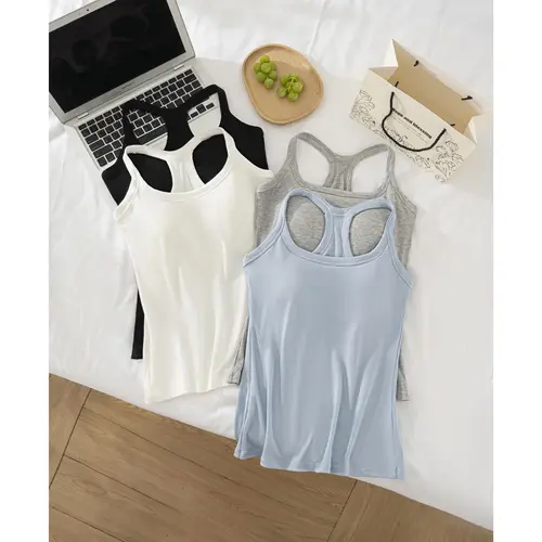 EssElegance Built in Bra Tank Top for Women | Ribbed Racerback Cropped Camisole with Removable Pads | Wireless Supportive Workout Yoga Top | Stretchy Athletic Basics Sleeveless Tee | Going Out Everyday Summer Essential Bra Cami Multi Color high elasticity