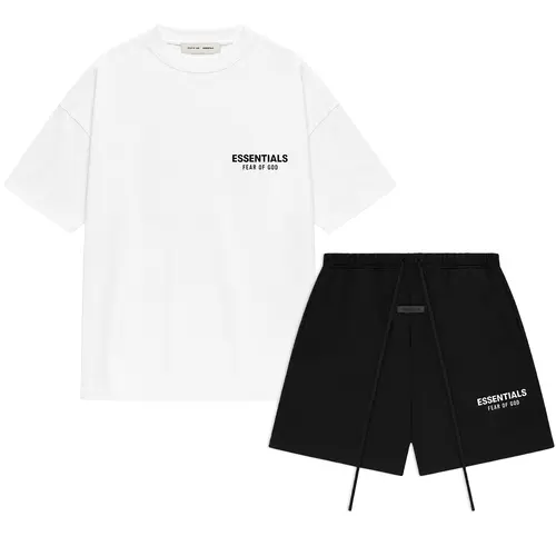 (One Set) (Over Size) Fear of God Essentials Classic Short Sleeve Bright White Tee & Black Shorts (SS25)| Oversized Fit | Size Down Recommended