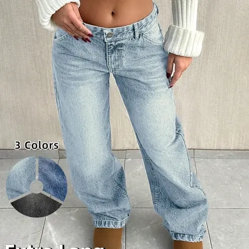 Tall Women's Light Blue Washed Low Rise Loose Wide Leg Jeans, Classic Retro Vintage Casual Long Pants for All Seasons, Fitted Style with Natural Waist, Extra Long Length