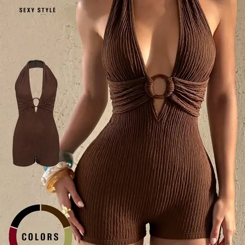 Women's Summer Sexy Halter Neck One-Piece Short Romper, Fitted Romper, Stretchy Slim-Fit Fabric, Casual Comfortable for Warm Weather