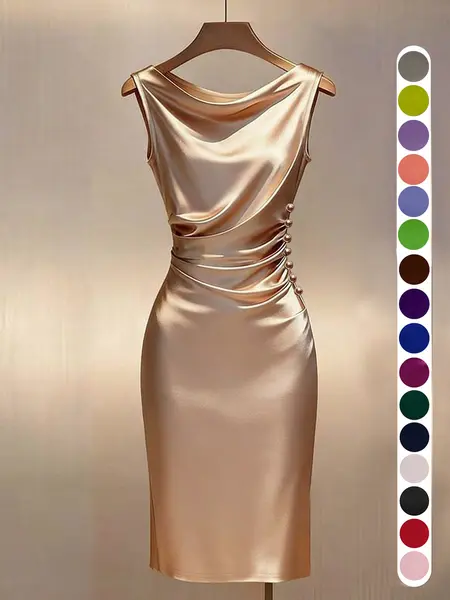 Summer Knit Satin Dress, Champagne Color, Sleeveless Waist Cinch Midi Dress, Ruched Design, Button Detail, Evening Gown, Formal