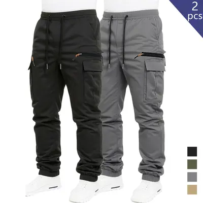 Clean Gent 2-pack men’s loose solid-color cargo pants with drawstring waist and pockets, street-style joggers suitable for everyday and outdoor wear, ideal for all seasons