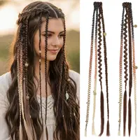 Women's Clip-In Faux Locs Synthetic Hair Extensions - 16" & 20" Boho Braids with Colorful Beads, Dark Chocolate Brown Mixed Copper, for Wedding, Casual & Festival Wear Braids Hairstyles, Daily Use Braids,sohochic