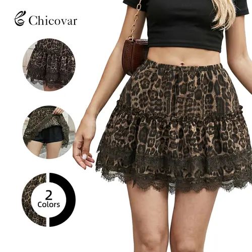 Chicovar Women's Leopard Skort, Ruffle Lace Trim Mini Skirt with Shorts, Leopard & Plain, Elastic Wasit, Perfect for Concert, Party, Casual Wear, Summervibes