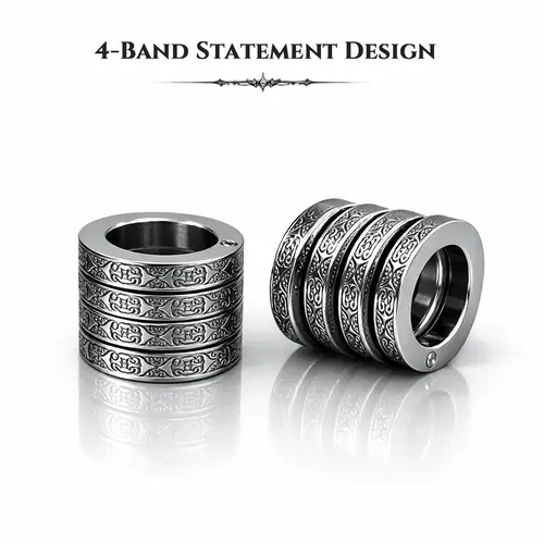 BLACKNOISE 4-Band Engraved Statement Ring, Wide Stainless Steel Fashion Ring， Ring Jewelry， Finger Jewelry， rings for men