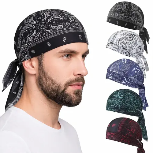 5 PCS and 2 PCS Paisley Bandana Durags Set | Adjustable Tie-Back Head Wrap for Men & Women | Breathable Biker Pirate Hat | Quick-Dry Helmet Liner for Sports