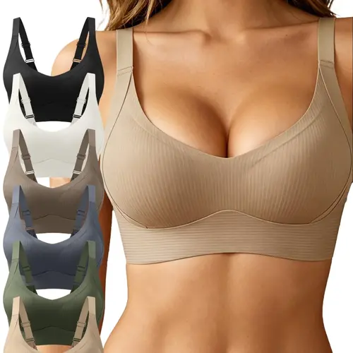 6 Pcs Women's Push Up Bras - Seamless Built-In Padded Bralettes, Wide Straps, Fixed Cups, Side Breast Coverage, Ultra-Soft Support, Breathable No Underwire Casual Bralettes for Everyday Wear elegant plain style