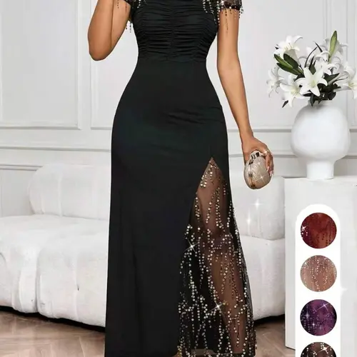 Spring & Summer Elegant Chic Mesh Knit Dress, Sequins Fringe Formal Evening Glam Gown, Long Sleeve Party Dress for Weddings