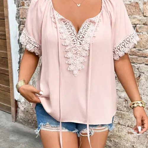 Plus Size Solid Color Lace Trim Short-Sleeve Blouse Casual Deep V-Neck Tie-Front Adjustable Loose Fit Top, Y2K Clothes Summer Daily Wear, Trendy Bohemian Shirts, Boho Fashion Shirt, Feminine Detail Elegance Party Casual Ensembles, Womenswear