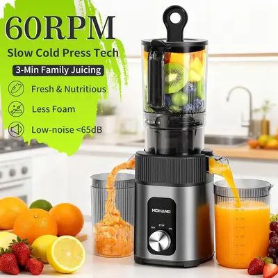 MDHAND Cold Press Juicer - Juicer Machines, 200W Juicer with 112mm Large Feed Chute, Quiet & Powerful 60 RPM, Reverse Function, Easy to Clean, Stainless Steel Housing#fathersdaygift