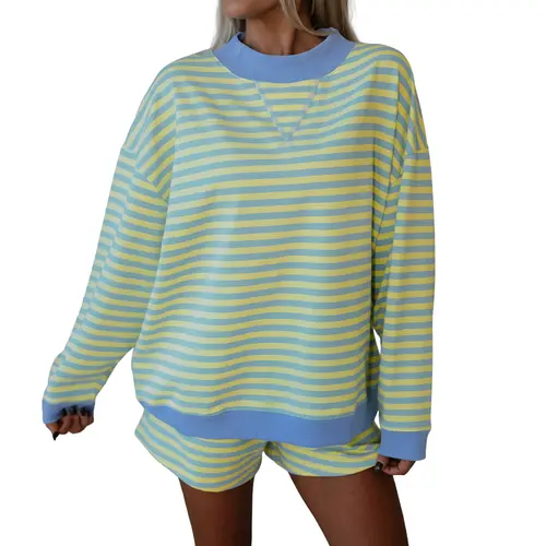 Mntaor Women’s Stripe Color Block Long Sleeve Pullover & Elastic Waist Shorts 2-Piece Set Cozy Chic Loungewear Pajama for Home Errands Casual Weekend Vibes Nightwear Womenswear