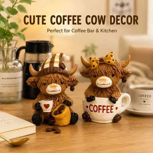 New Coffee-Tone Highland Cow Resin Decorative Figure - Compact Desktop Ornament, Animal Collectible, Table Desk Ornament, Home Decor, Workspace Accent, Ideal Gift for Highland Cow Lovers,sohochic