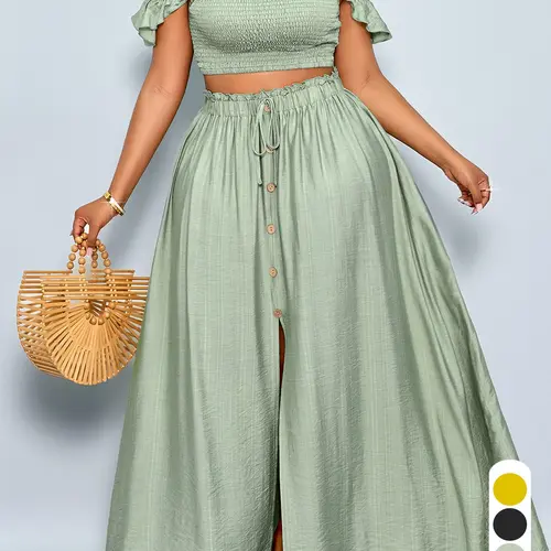 Plus Size Women's Two-Piece Summer Style Elegant Chic Boho Bohemian Solid Color Off-Shoulder Crop Top and High-Waist Skirt Set for Daily Wear