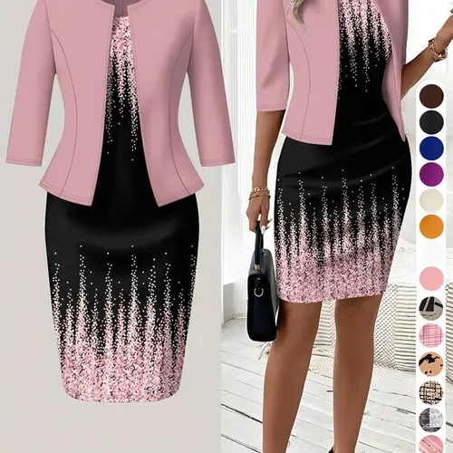 short skirt, small size, general fabric, printing design, Spring, summer and autumn knitted cardigan blouse with slim waist and printing design, classic straight dress, two-piece suit Summer Matching Sets