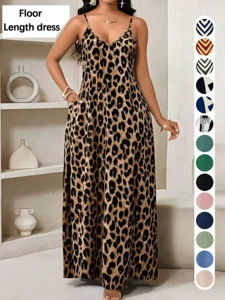 Summer Leopard Print Dress, Long A-Line Maxi Dress, Casual V-Neck Dress with Pockets, Loose-Fit Beach Dress, Casual Wear, Chic, Elegant, Casual Boho Elegant