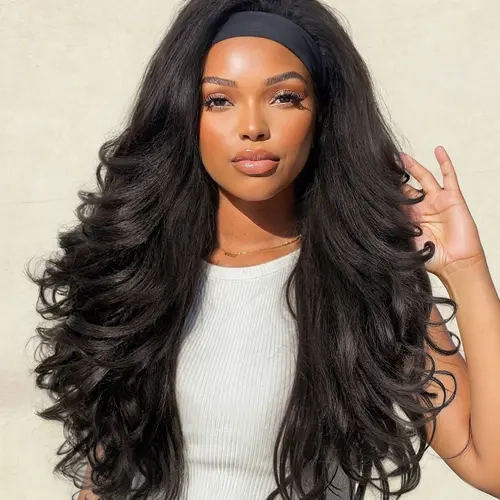Headband Yaki Curly Wig, 26-Inch Synthetic Half Wig, Glueless Hair Wig with Flip Curls, Curly Half Wig for Women, Natural Wavy Wig, Curly Wave Synthetic
