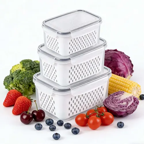 Airtight Insulated Food Storage Containers (3-Pack, Kitchen Gadgets) - BPA-Free, Stackable, Multi-Size Fridge Organizers with Removable Rinse & Drain Strawberry Basket, Moisture-Separating, Freshness-Extending, Daily Use for Families, Food Hacks Solutions