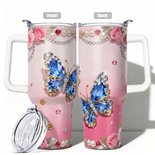 1pc, 40oz/30oz/20oz/14oz Stainless Steel Cup Insulated Water Cup Blue Gem Butterfly & Rose Adorned Double Wall Vacuum Insulated Cup, Leakproof Lid & Carry Handle Travel Mug Insulated Tumbler for Outdoor Camping Hiking, Gift for Dad