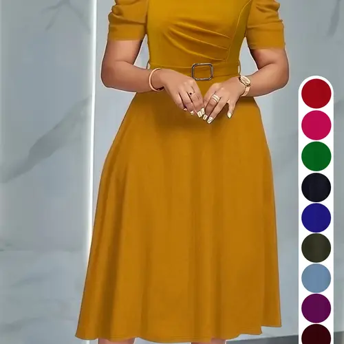Women's Round Neck Bubble Sleeve Dress, High Waist Slim Fit Midi Dress, Elegant Solid Color, Office Wear, Casual Daily Fashion