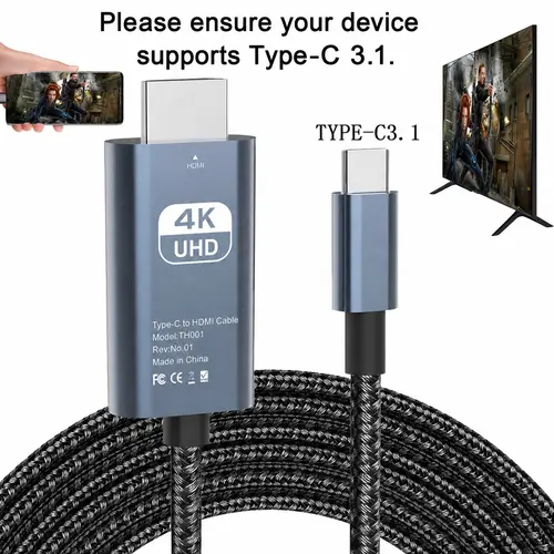 USB 3.1 Type-C to HDMI Converter HDTV Adapter Cable, Digital HDMI Port, HDMI Output, 4K HD Display, 2 m/6.6 ft USB-Powered, No Battery, Direct Phone to TV/Screen/Projector Connection, No WiFi or Software Needed