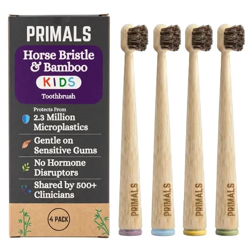 PRIMALS Kids Horse Bristle & Bamboo Toothbrush (4-Pack) - Approved by 500+ Clinicians - 100% Soft & Luxurious Bristles - Plastic & Nylon Free - Protects from Microplastics