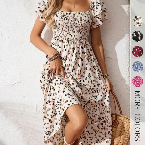 Women's Casual Print Ruffled Dress, Gathered Design, Bohemian Style, Coastal Boho, Suitable for Beach, Vacation, Dates, and Daily Wear, Summer Womenswear, Women's Long Dress