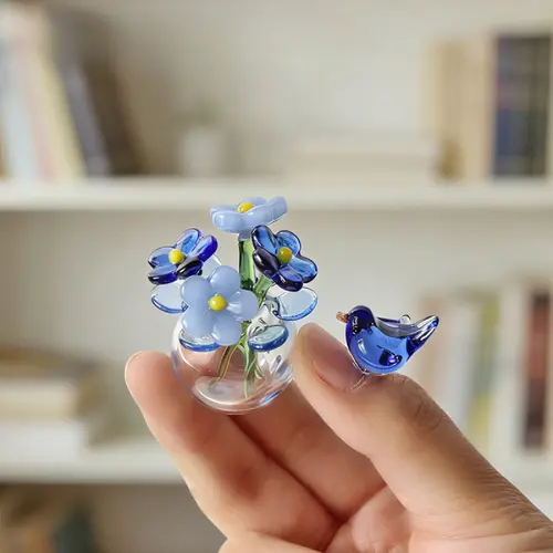 Glass floral ornament, simulated bouquet vase, handmade glass flower arrangement, eternal flower gift, desktop decoration, gift for girlfriend, mother, and best friend of a girl, Artificial flower set