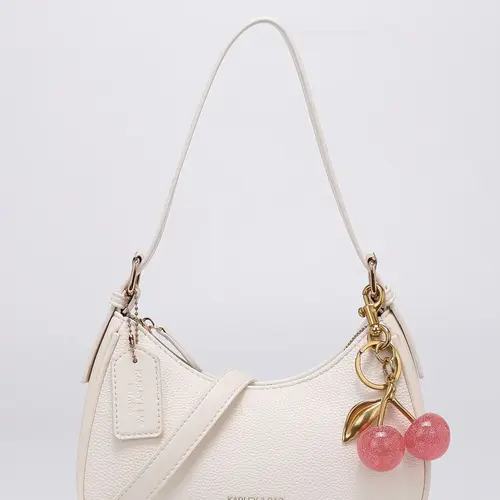 Women's Pebbled Crescent Bag with Cherry Charm, Minimalist Crossbody Handbag, Half Moon Purse, Y2K Style, Versatile Shoulder Bag, Crossbody Shoulder Purses, Aesthetic Shoulder Bag