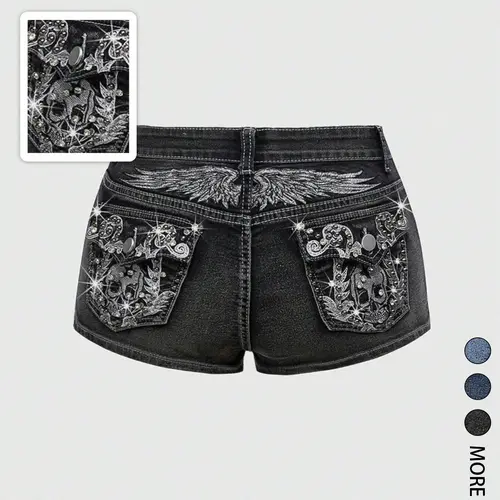 Women's Y2K Retro Wing & Skull Embroidery Low Waist Ultra-Short Denim Shorts, Crop Denim Shorts, Casual Fashionable Shorts, Stylish and Trendy Design, Perfect for Casual Wear
