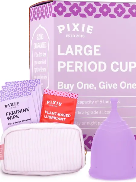 Pixie Menstrual Cup for Feminine Care - Ranked 1 for The Softest Reusable Period Cup - Wear 12 Hours - 100% Medical-Grade Silicone - Tampon Alternative (Large, Purple)
