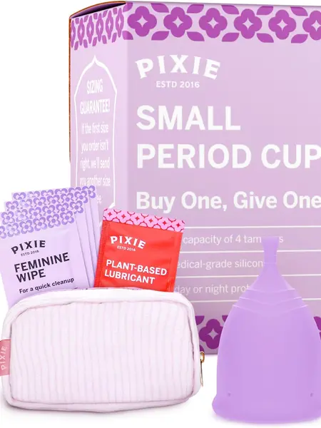 Pixie Cup - Soft, Safe, Reusable Menstrual Cup - Ranked 1 for The Best Tampon Alternative - 100% Medical-Grade Silicone Period Cup for Feminine Care - Buy One We Give One (Small, Purple)
