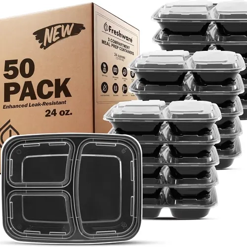 FRESHWARE 3-Compartment BPA-Free Heavy-Duty Plastic Meal Prep Containers - 50-Pack 24oz Anti-Leak Divided Portion-Controlled Stackable Dustproof Lidded Bento Box-Shaped Food Storage (Resists Daily Wear) for School Lunch Ideas, Kids' Lunch Boxes, Gym Use