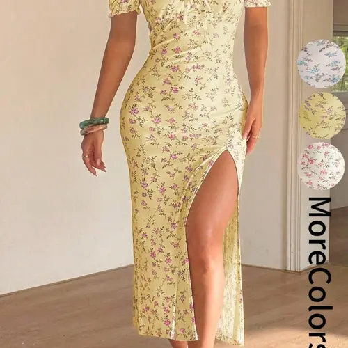 Summer Elegant Women's Ditsy Floral Bodycon Fit Dress, Floral Pattern Dress, Bohemian Style Casual Dress, Off-Shoulder Split Dress, Boho Lounge Dress, Perfect for Daily Wear, Holiday, Vacation