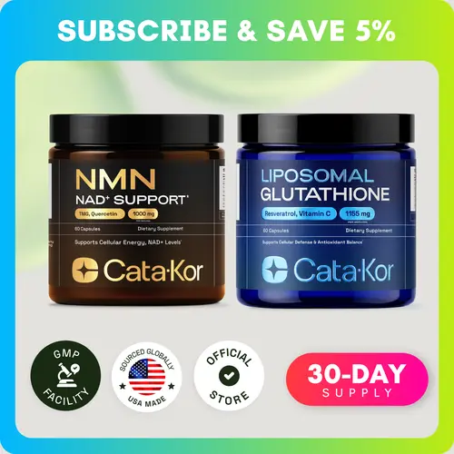 Cata-Kor Energy & Defense DUO - NMN 1,000 mg, Liposomal Glutathione 500 mg, Vitamin C, TMG, Resveratrol Daily Dietary Supplement Comprehensive Nutrition Supplement