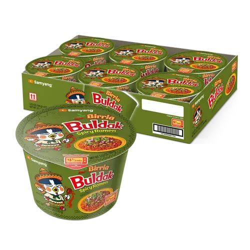 Buldak Birria Chewy Spicy Instant Noodles - Korean Big Bowl Ramen with Smoky Chili Heat, Tomato-Infused Flavor, 3.52oz Easy-Prep Food Snacks, Water-Ready Convenient Pack of 6