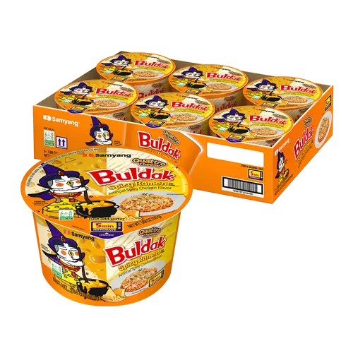 Buldak Quattro Cheese Hot Chicken Spicy Flavor Korean Instant Ramen Noodles, Big Bowl, Easy Prep, Convenient (Pack of 6) for Spicy Food Enthusiasts, Korean Instant Noodles