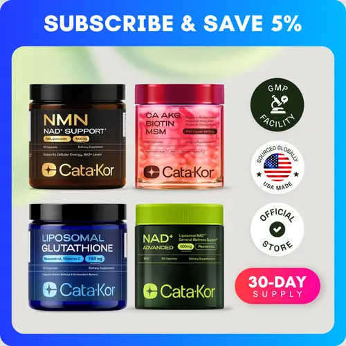 CEO's Bundle - Cata-Kor Liposomal Glutathione 500 mg, NMN 1000 mg, NAD+ Advanced 500 mg, CA AKG 1000 mg, Biotin, MSM, TMG, Hyaluronic Acid Capsule Supplements Comprehensive Nutrition Supplement