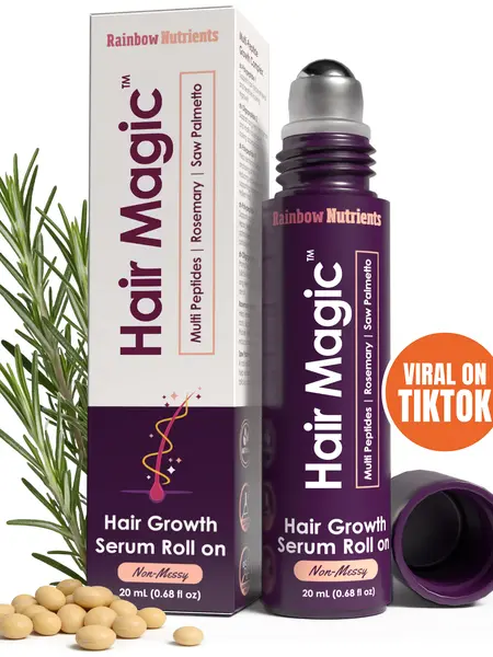 Rainbow Nutrients Hair Magic - Hair Growth Serum Roll On | Multi-Peptides Complex + Rosemary Oil for Hair Growth, Density, Beard, Eyebrows & Scalp Serum for Men & Women with Saw Palmetto Hair Loss treatment, easy to use non-greasy formula  All Natural
