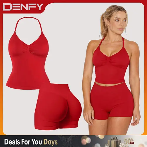 [SIZE UP 1] DENFY Two-Pieces Suit Impact Longline Strappy Top Impact Shorts Sports Yoga Impact Gymwear Tanks Seamless Shorts #BackToSchool