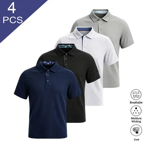 Clean Gent 4-Pack Men’s Solid Color Summer Polo Shirts — breathable, soft, and comfortable; suitable for sports and outdoor activities; men’s polo shirts; fashionable menswear for all seasons