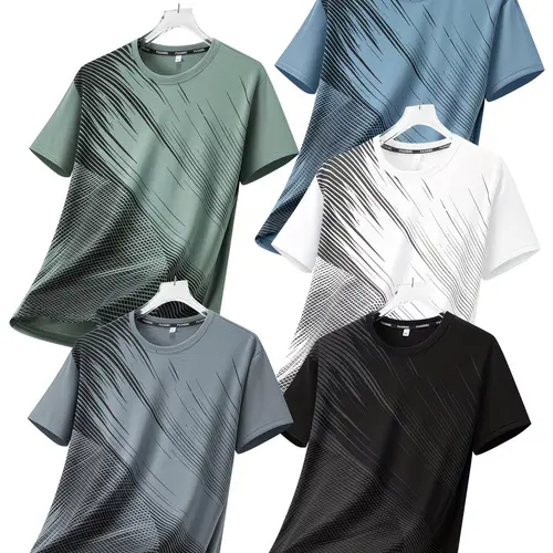 Men's 5-Pack Quick-Dry Stretch Polyester Crew Neck Short Sleeve Printed Sport T-Shirts - Gym Daily Wear, Cool All-Day Wear, Menswear for Athletes, Dry Fit, Athleisure Streetwear, Sporty Chic