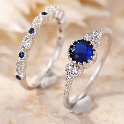 Women's Elegant 2-Part Blue-Themed Ring Stack - April Birthstone Statement Pieces, Blue Gemstone Setting Bands with Milgrain Edge, Metal Coating, Affordable Fashion Gift for Anniversary, Casual Wear